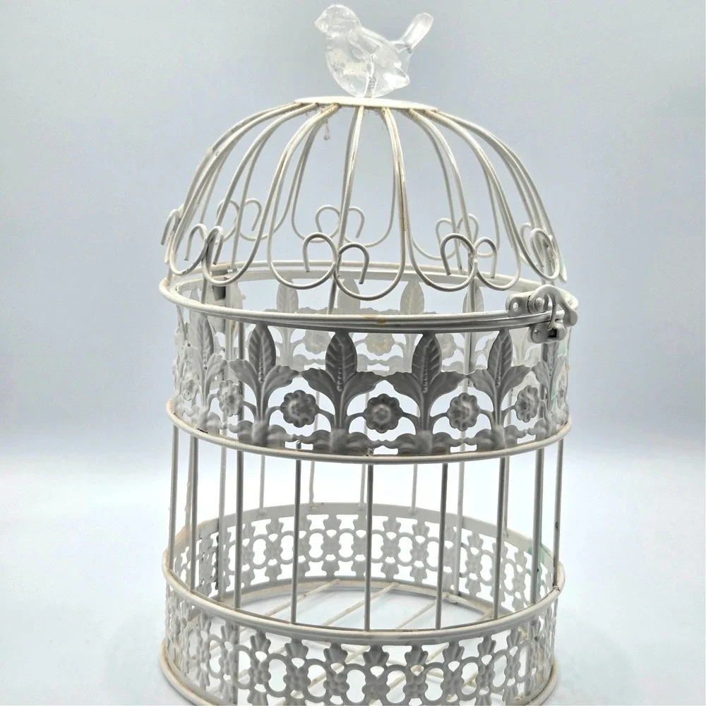 Vintage White Metal Bird Cage with Crystal Clear Bird on Top Cottagecore